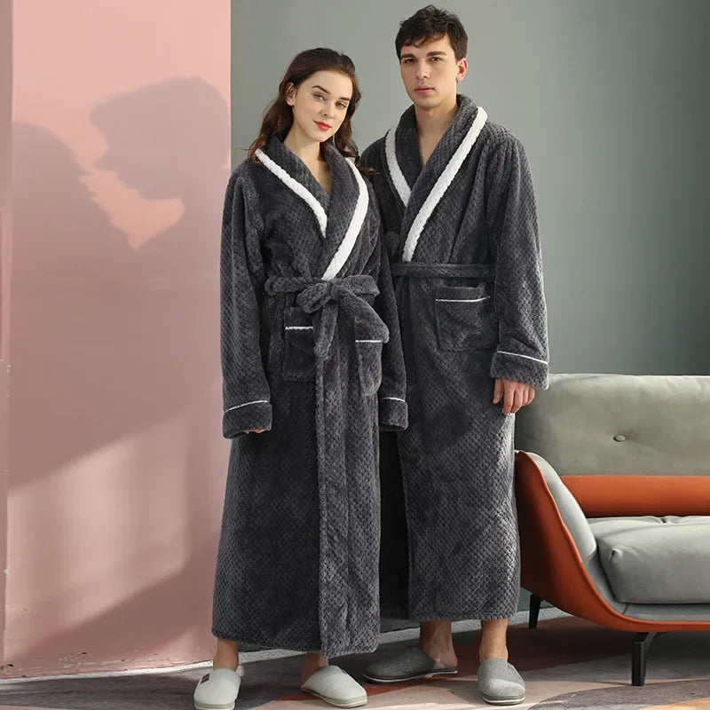 Thicken Flannel Couple Robe with Pockets | Long Winter Bathrobe Gown for Men & Women