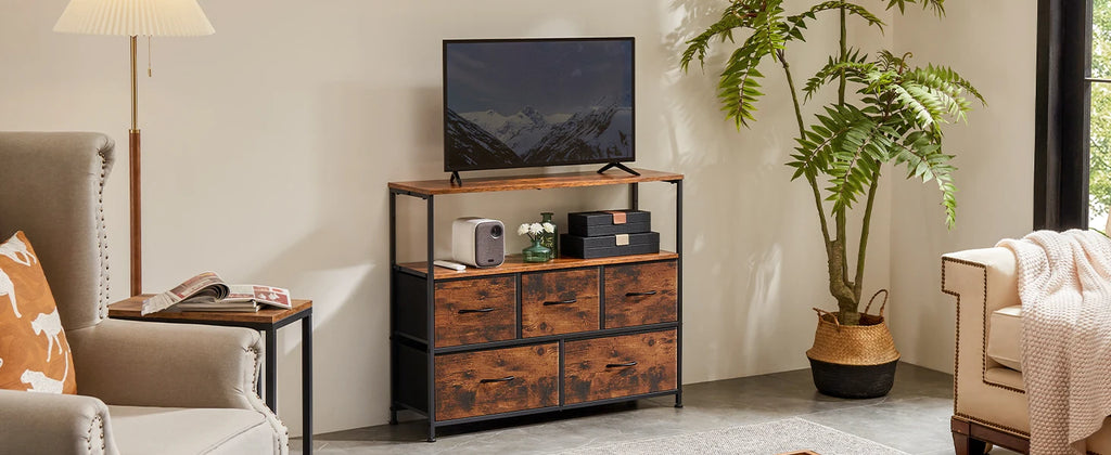 Fireplace TV Stand Dresser with 5 Fabric Drawers — Bedroom Storage Cabinet for 45" TVs
