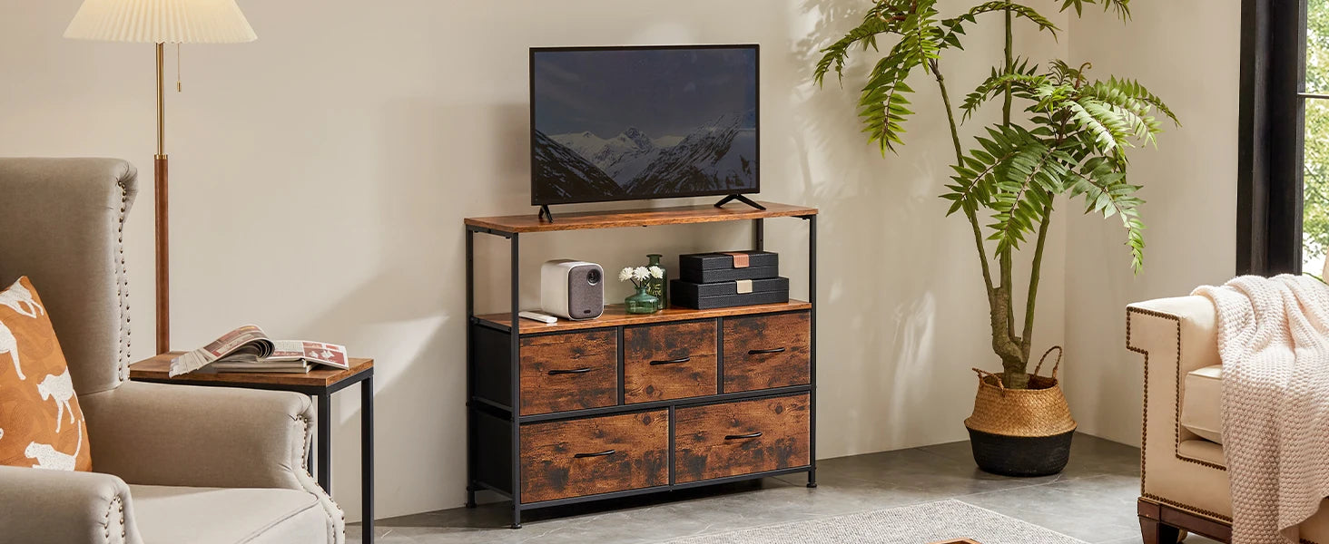 Fireplace TV Stand Dresser with 5 Fabric Drawers — Bedroom Storage Cabinet for 45" TVs