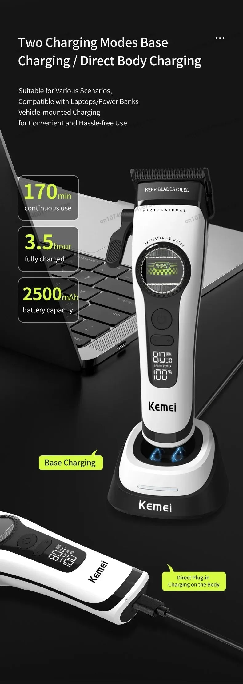 Kemei KM-1593 / KM-1595 Brushless Hair Clipper – DLC Blade, 8000 RPM, 200-Min Runtime, USB-C