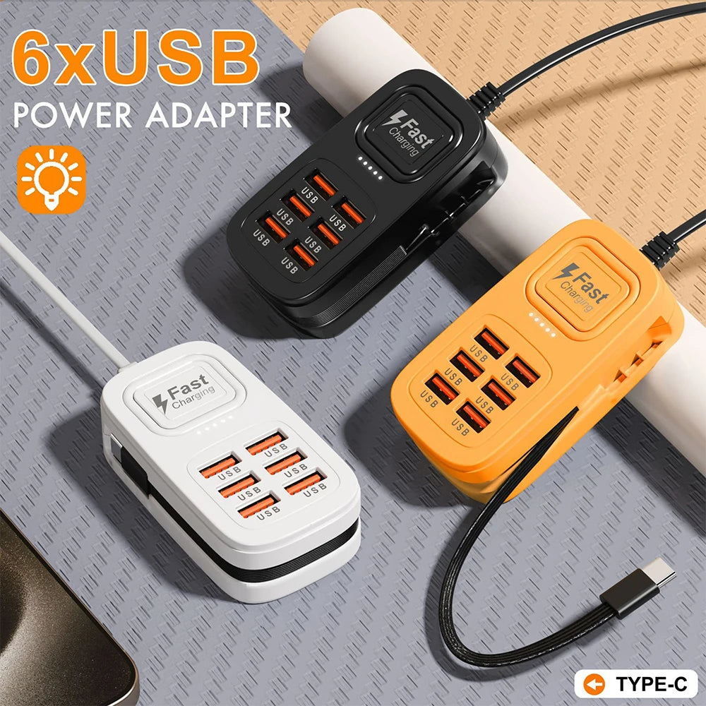 6-Port USB Fast Charging Station – 3 USB-C + 3 USB-A, Desktop Power Strip Hub, EU/UK/US Plug
