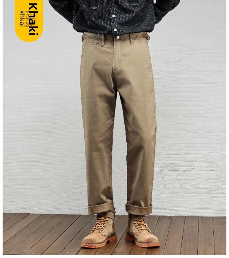 Men's Vintage Straight Leg Cotton Workwear Trousers — Loose Fit Retro Pants for Autumn & Winter