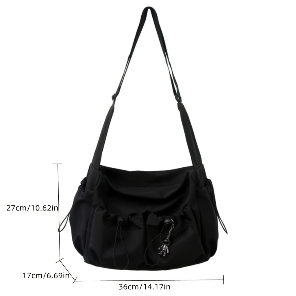 Fashionable Drawstring Crossbody Bag – Spacious Zipper Closure Shoulder Bag with Bag Charm