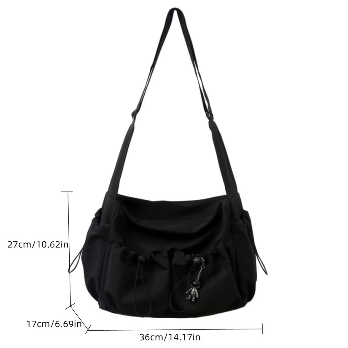Fashionable Drawstring Crossbody Bag – Spacious Zipper Closure Shoulder Bag with Bag Charm