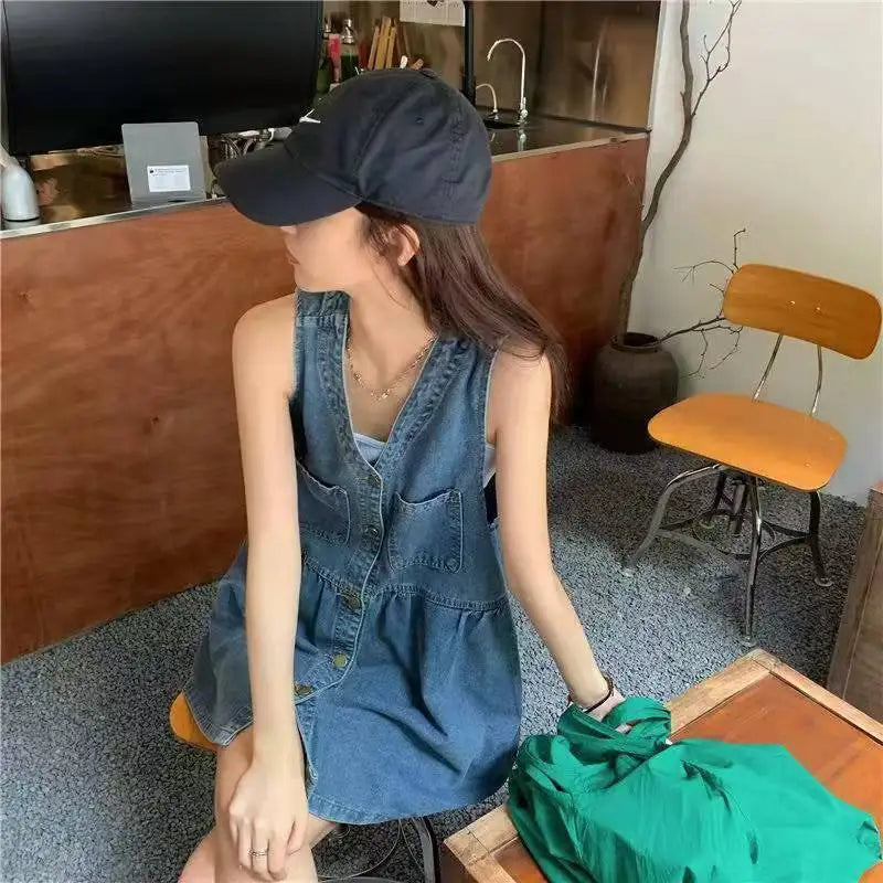 Sleeveless Denim Mini Dress — Korean Style Loose A-Line Dress with Pockets