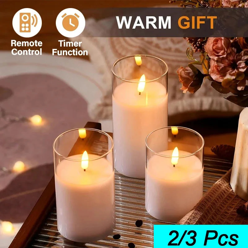 Set of three lit candles on a decorative surface with 'Warm Gift' text and product features.
