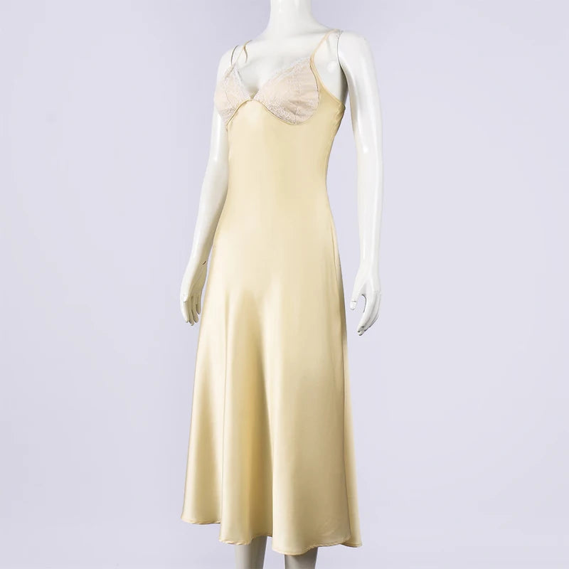 Butter Yellow Satin Bias Cut Lace Patchwork Midi Dress – V-Neck Backless Y2K Party Dress