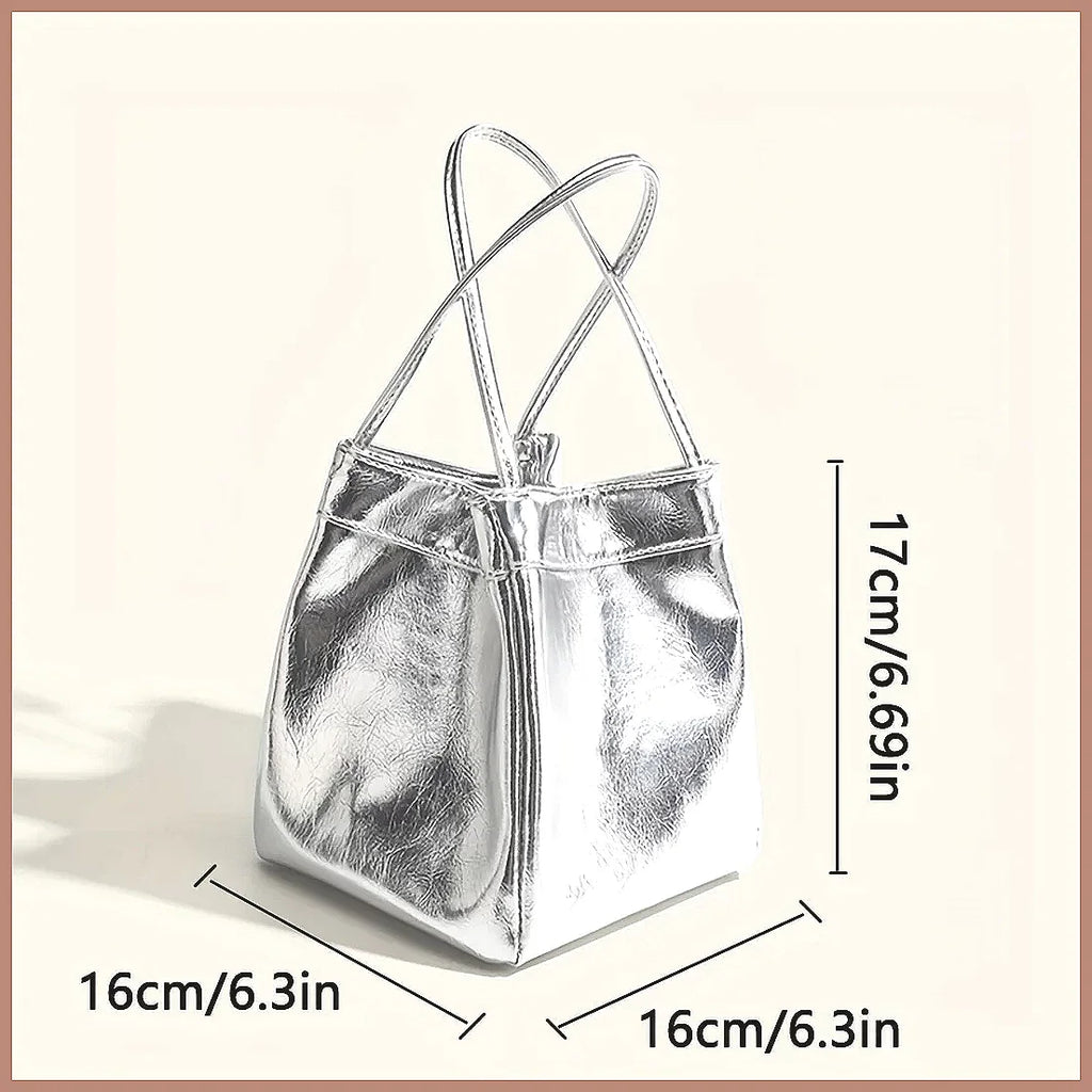 Sparkling Silver Glittery Mini Drawstring Bucket Bag – PU Crossbody Handbag with Wallet for Women