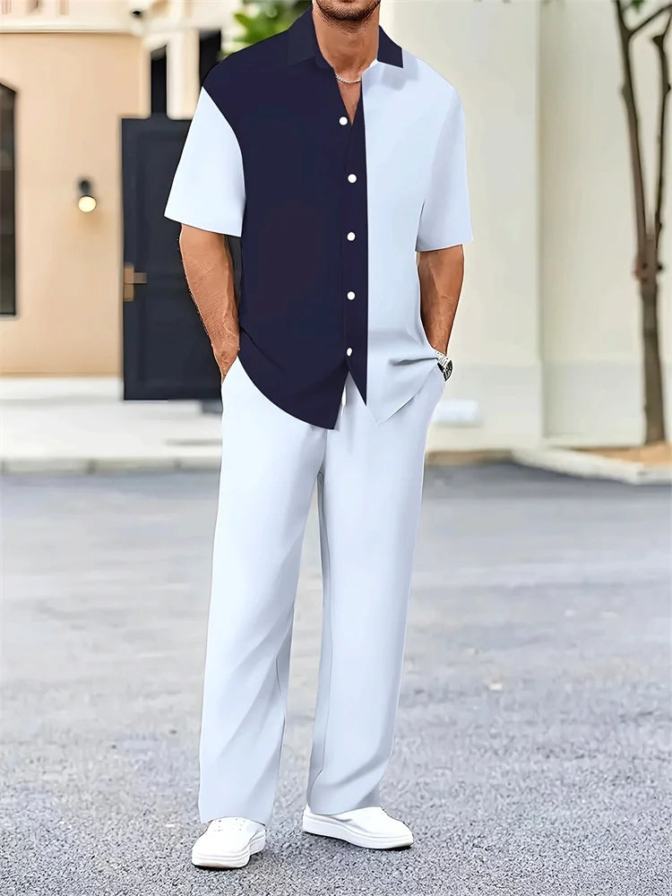 Men's 3D Striped Print Lapel Shirt & Shorts Casual Set – Autumn Outdoor 2-Piece