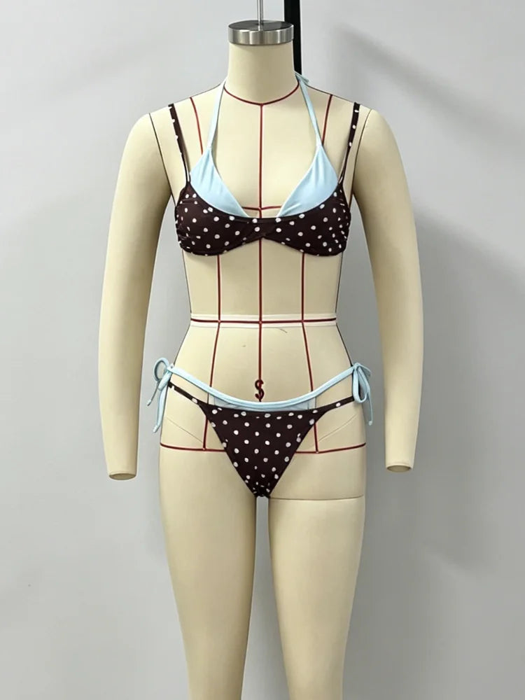 Polka Dot Bikini Set | Triangle Cup Halter Neck, High Cut Side Tie, Retro Print, Summer 2026 Swimwear S-L