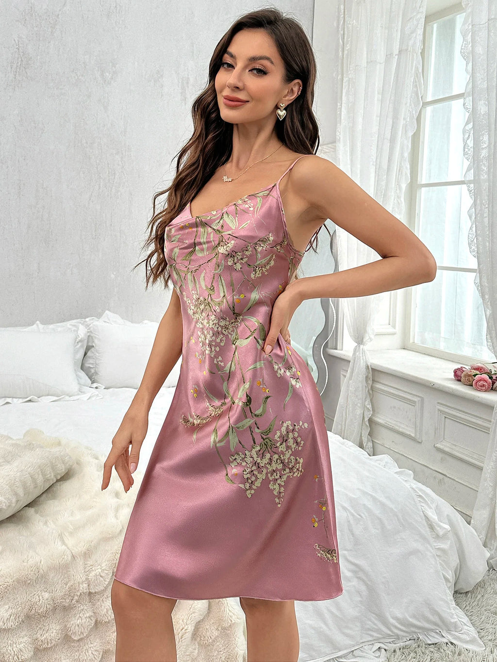 Floral Print V-Neck Spaghetti Strap Nightdress — Sexy Sleep Dress