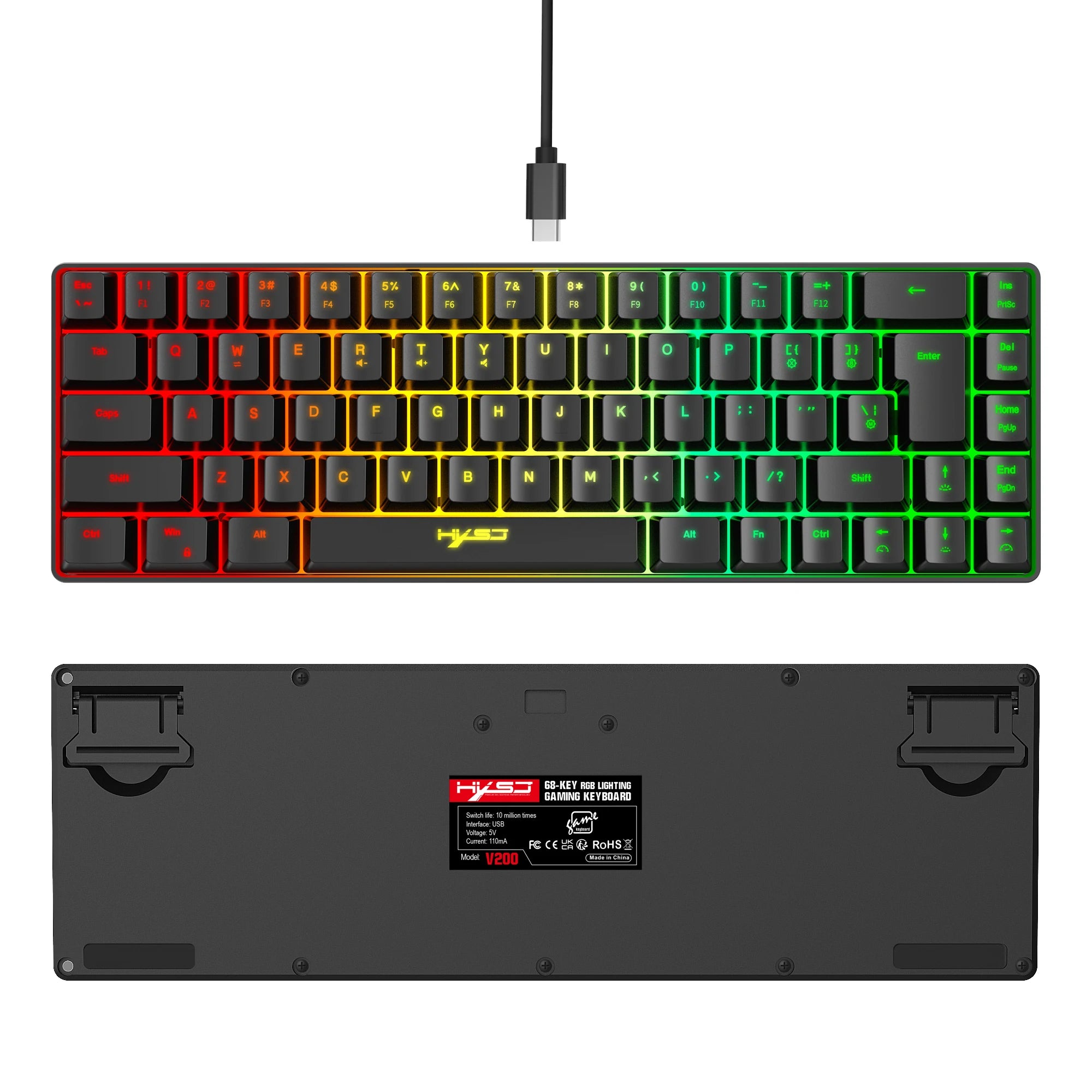 68-Key RGB Gaming Keyboard — USB Wired, 20 Backlight Modes, Multi-Language Layout for PC & Laptop