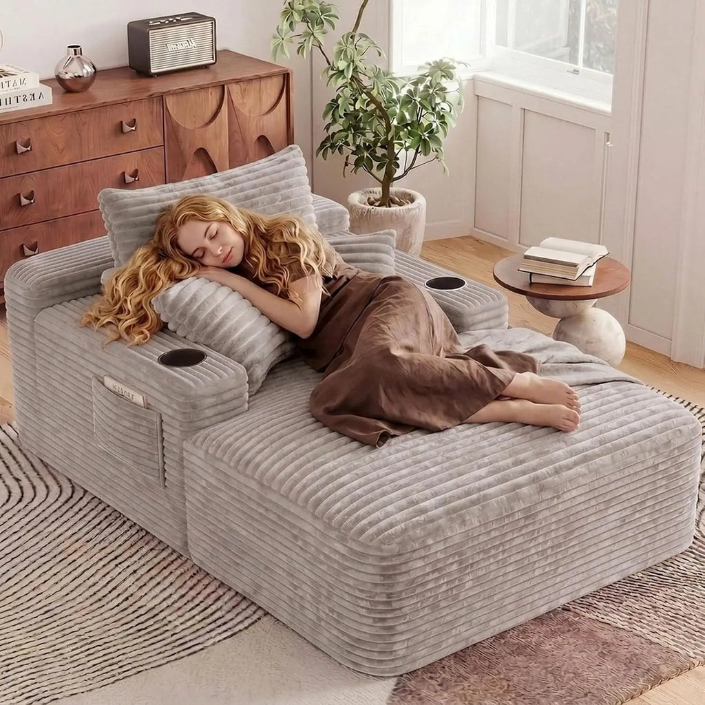 Oversized Corduroy Chaise Lounge with Cup Holders
