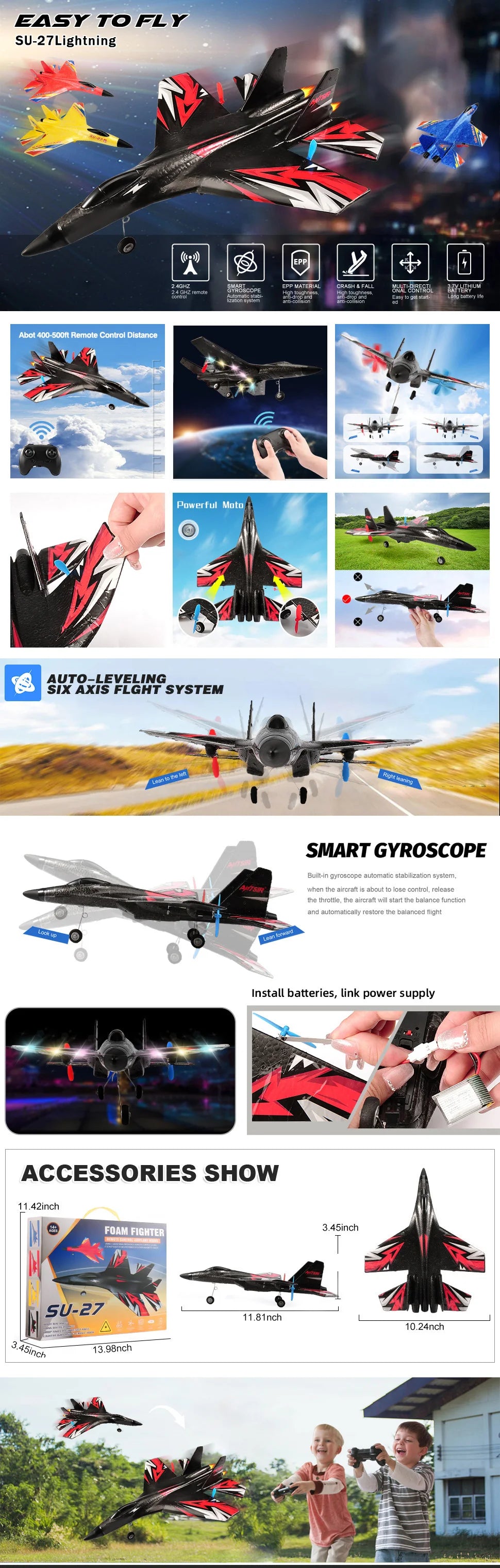 SU35 RC Glider Airplane – 2.4G Remote Control Fighter Plane with LED Lights for Kids