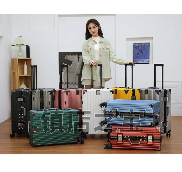 Aluminum Frame Leather Trolley Case — 20"/24"/26"/28" Universal Wheels