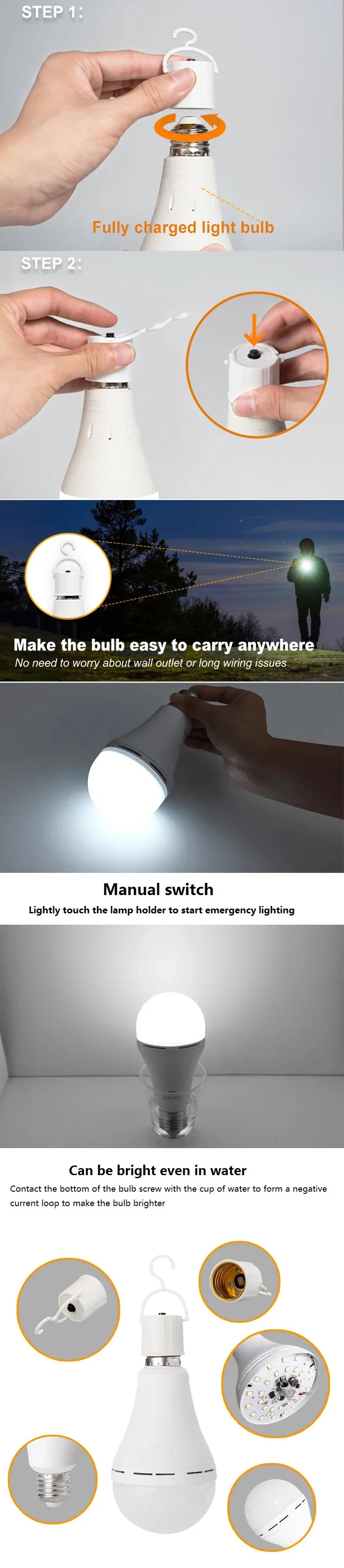 Rechargeable LED Emergency Bulb – 7W to 15W Portable Hanging Camping Lamp for Tent, Home & Power Outages
