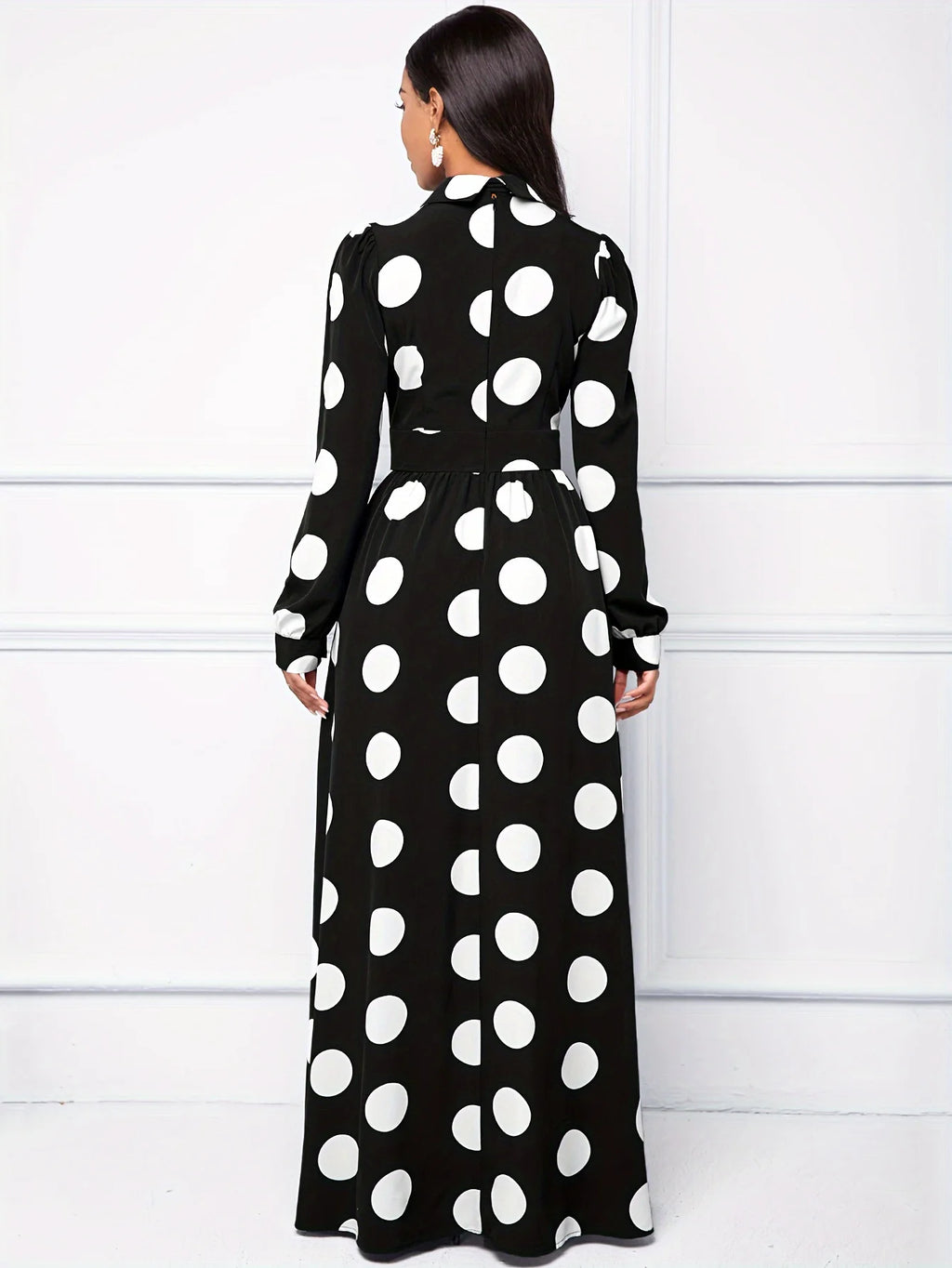 Bow Knot Polka Dot Maxi Dress — Long Sleeve Elegant Casual Lady Dress
