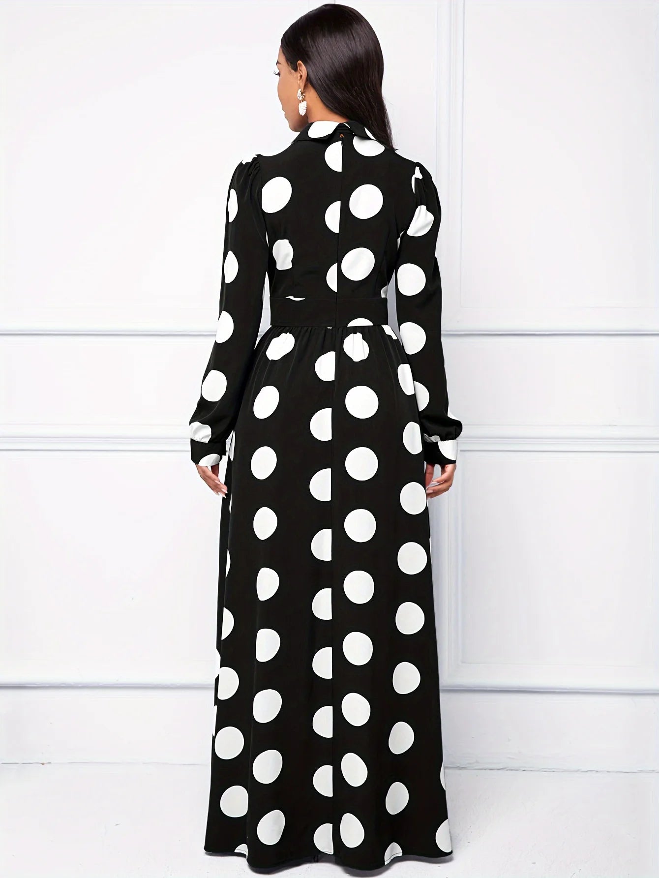 Bow Knot Polka Dot Maxi Dress — Long Sleeve Elegant Casual Lady Dress