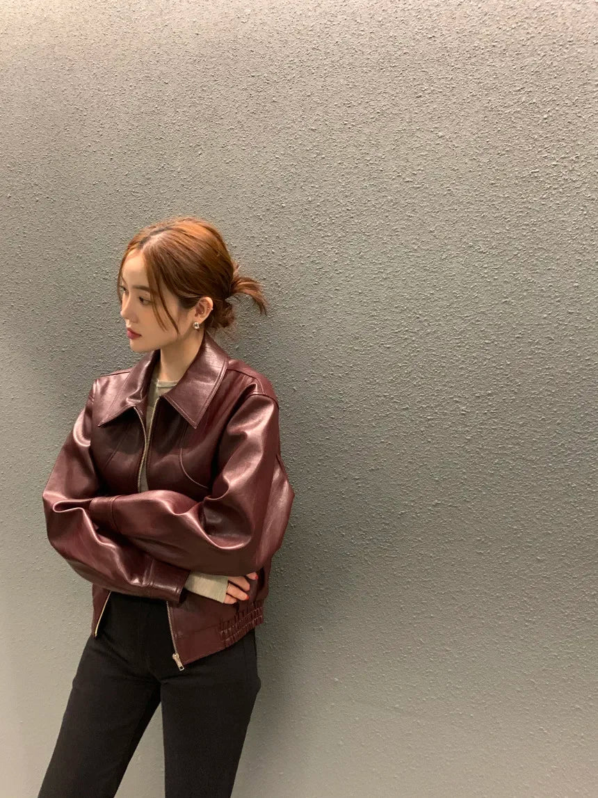 Women's Cropped Faux Leather Jacket – Lapel Zip Front