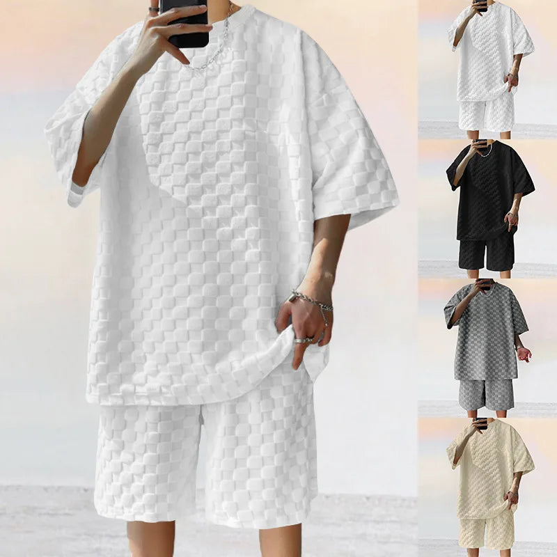 Men's Oversized Chessboard Plaid Shirt & Shorts Set – Loose Summer Leisure 2-Piece