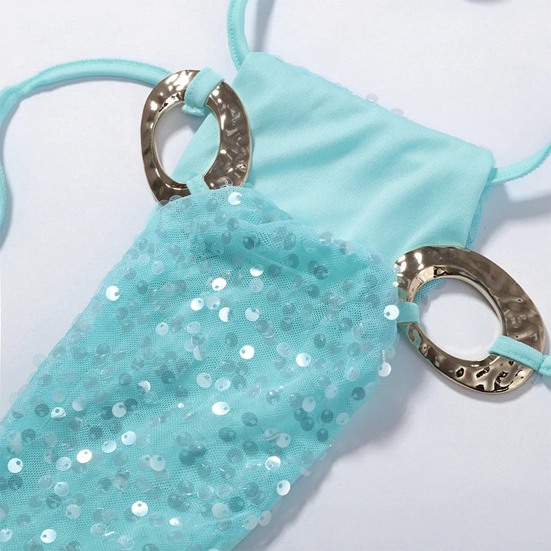 Shiny Sequins Bikini Suit | 3-Piece Hollow-Out Halter, Lace-Up Corset & Mini Skirt, 2026 Summer Beachwear