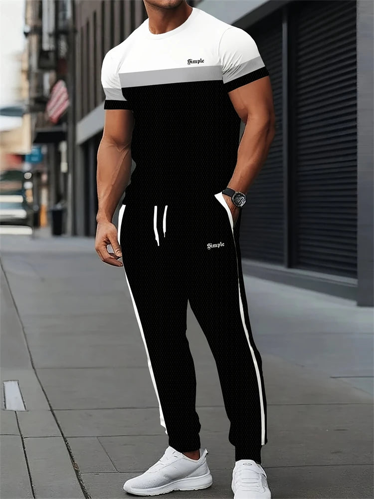 Men's Letter Print Round Neck Short Sleeve & Drawstring Long Pants Plus Size 2-Piece Outfit
