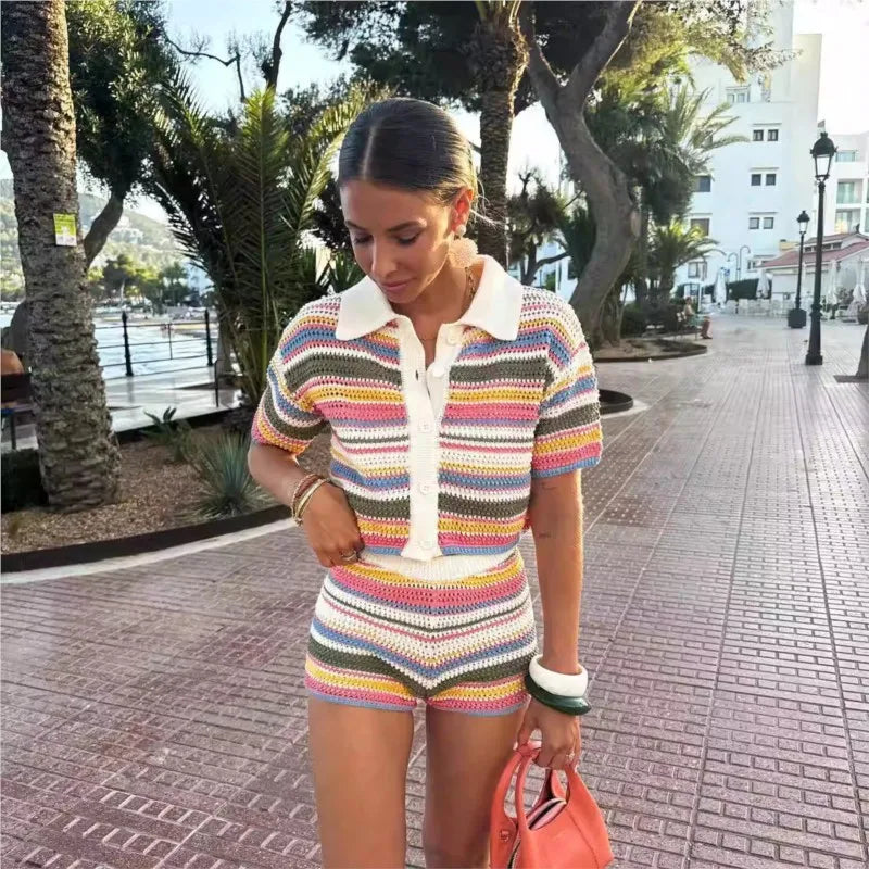 Women's Y2K Crochet Knit Crop Sweater & Shorts Set – Polo Collar Striped Patchwork Hollow Out