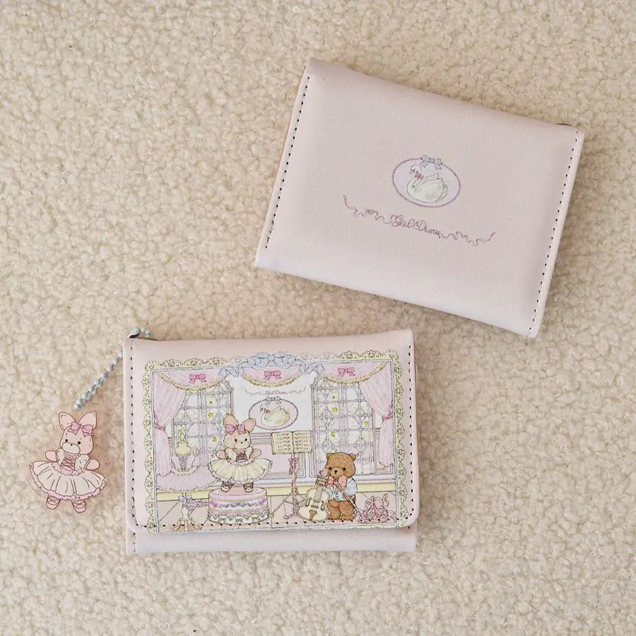 Girl's Dream Spring Picnic Wallet – Cute Rabbit & Bear Design, Anti-Degaussing Multi-Card Coin Purse