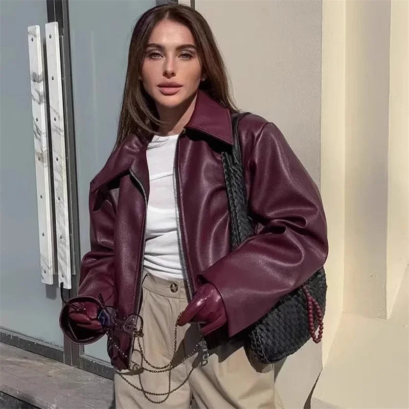 Women's Red Zip-Front Jacket – Casual Pocket Detail