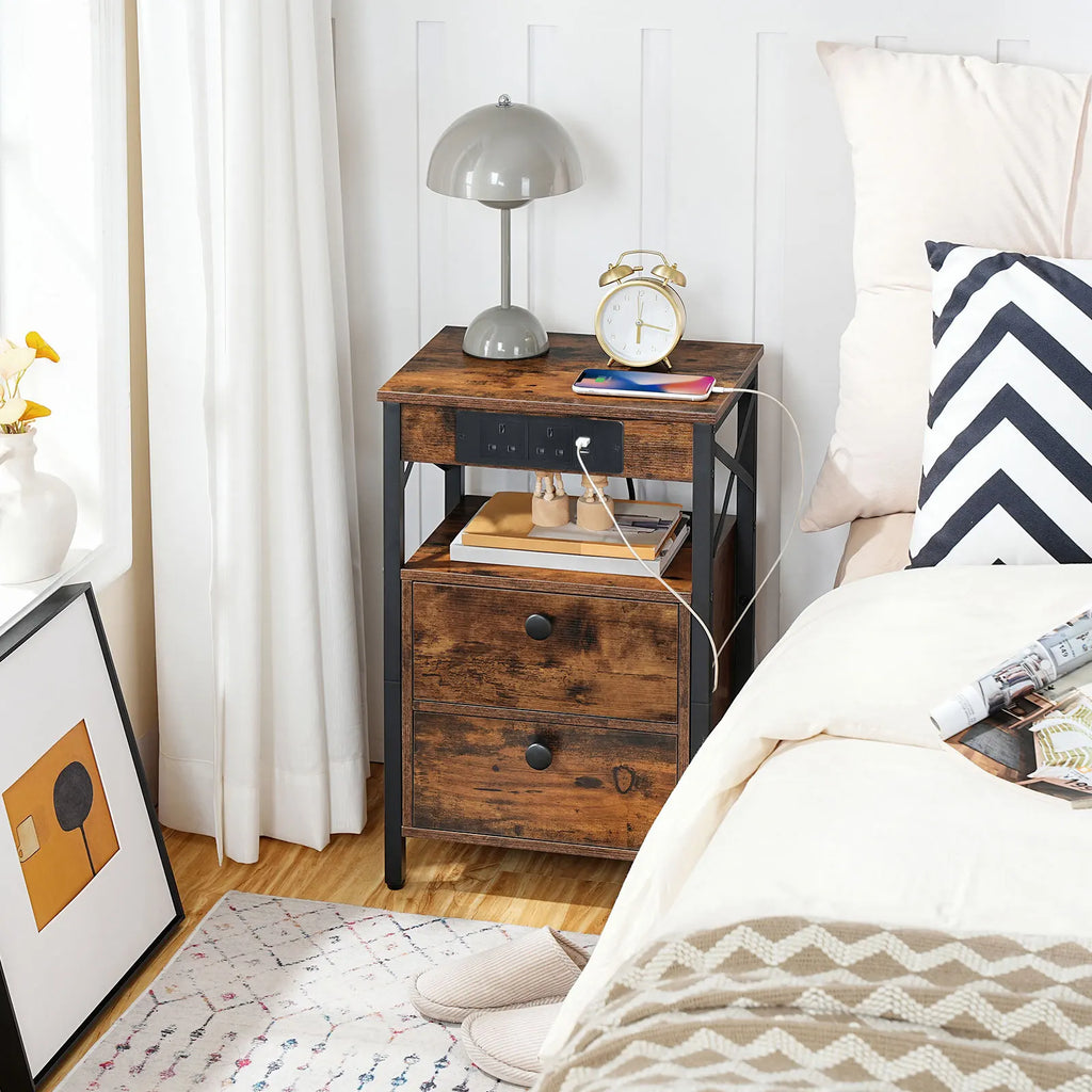 Bedside Nightstand with Built-In Charging Station — 2 AC Outlets & 2 Power Ports