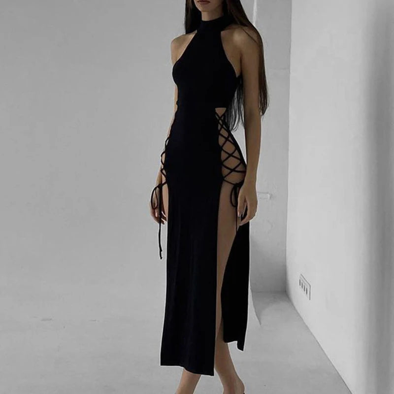 Gothic Halter Bandage Midi Dress — High Split Sexy Alt Partywear