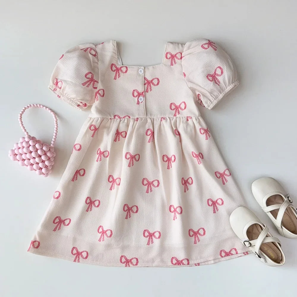 Bow Print Girls Casual Dress — Short Sleeve Sweet Summer Dress (3–7 Years)