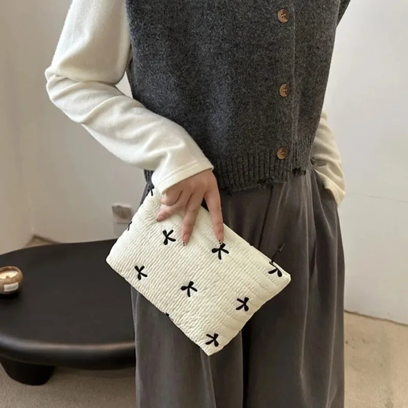 Cute Embroidery Bow Makeup Bag – Large Capacity Zipper Cosmetic & Wash Storage Bag