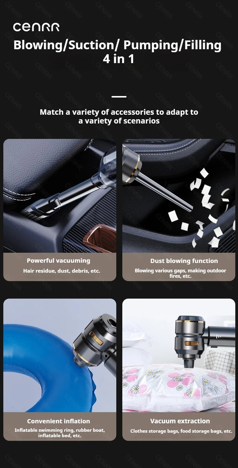CENRR Wireless Car Vacuum Cleaner — 3-Gear Brushless Motor, 6000mAh, 9 Accessories, USB-C Charging