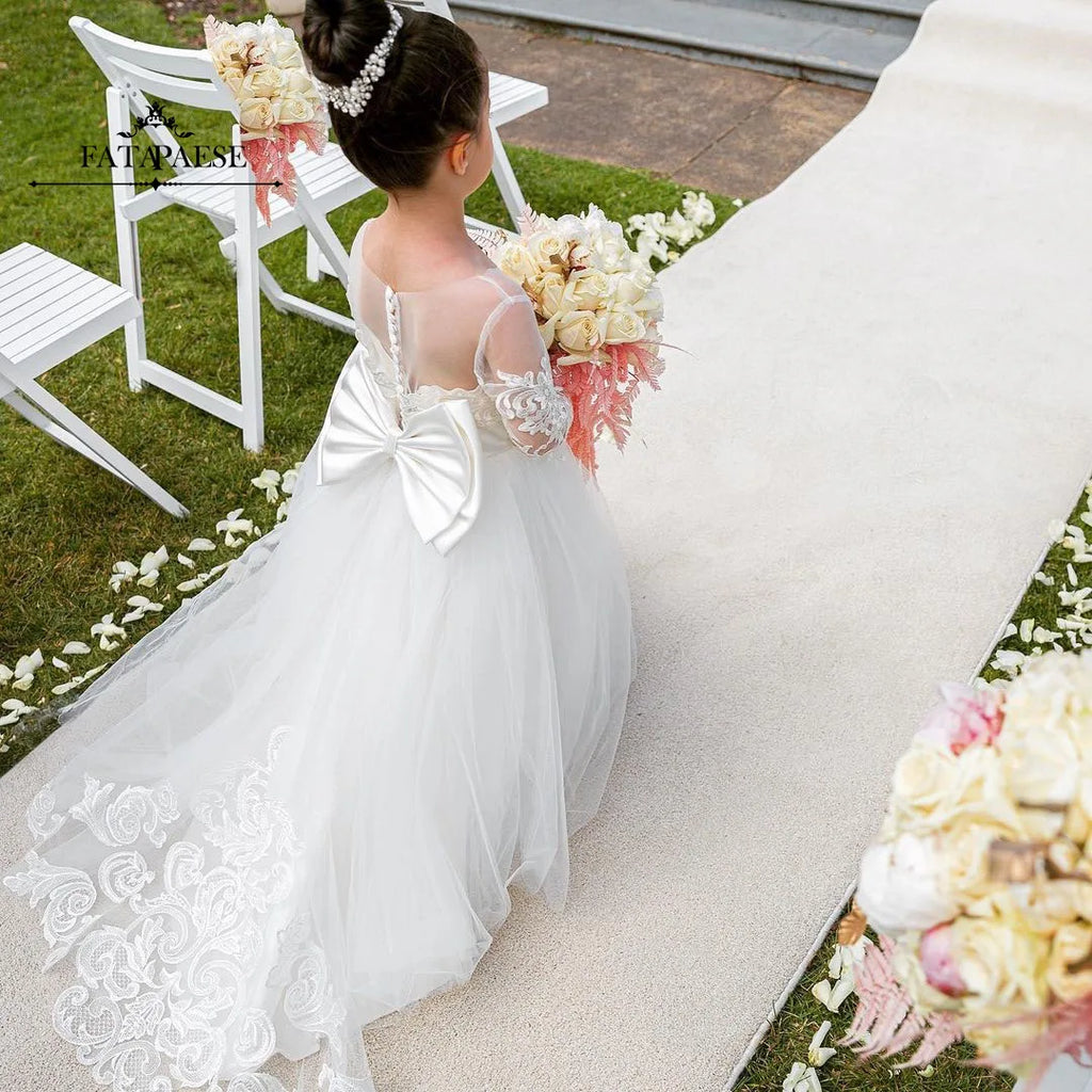 Long Sleeve Flower Girl Dress — White Lace Tulle First Communion & Bridesmaid Dress