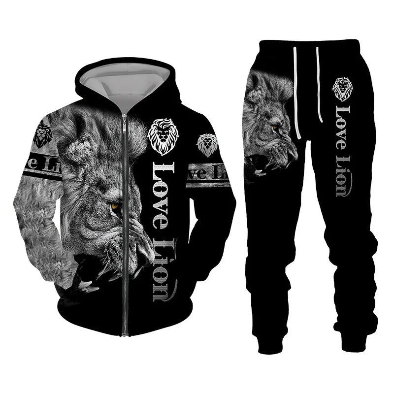Men's 3D Lion Print Zip-Up Hoodie & Elastic Waist Pants Tracksuit Set
