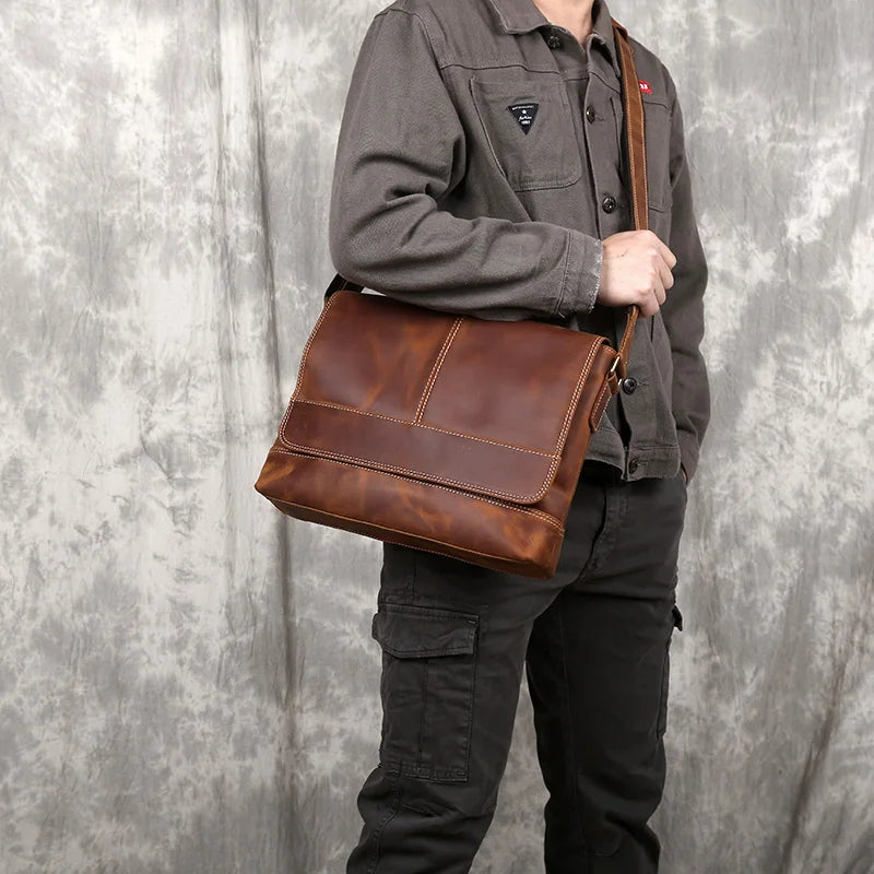 NZPJ New Leather Men's Shoulder Bag Retro Top Layer Cowhide A4 File Men's Bag Brown Handmade Crazy Horse Leather Messenger Bag