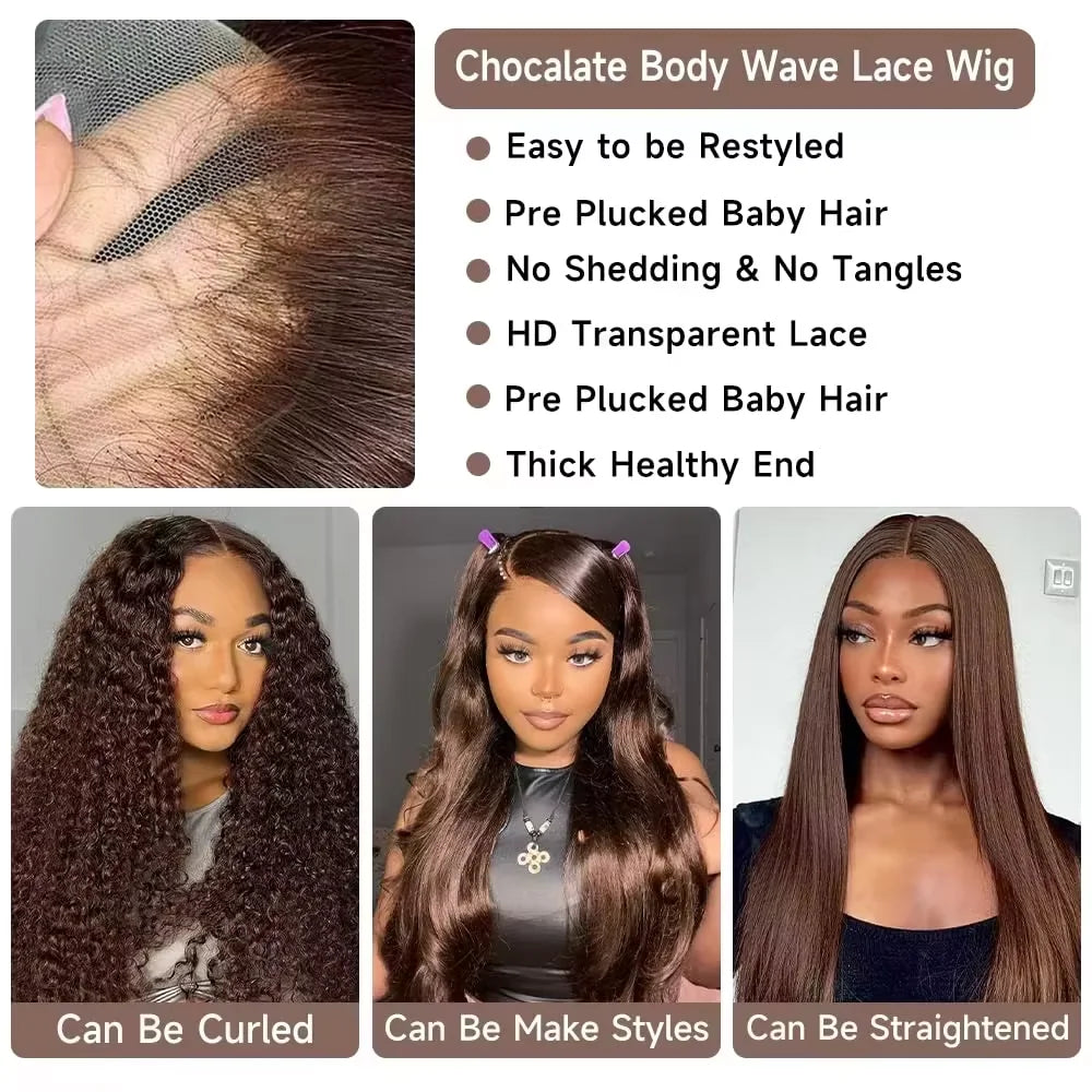 46 Inch Chocolate Brown Body Wave Lace Front Wig | 200 Density 13x4 13x6 HD Lace Pre-Plucked Brazilian Human Hair