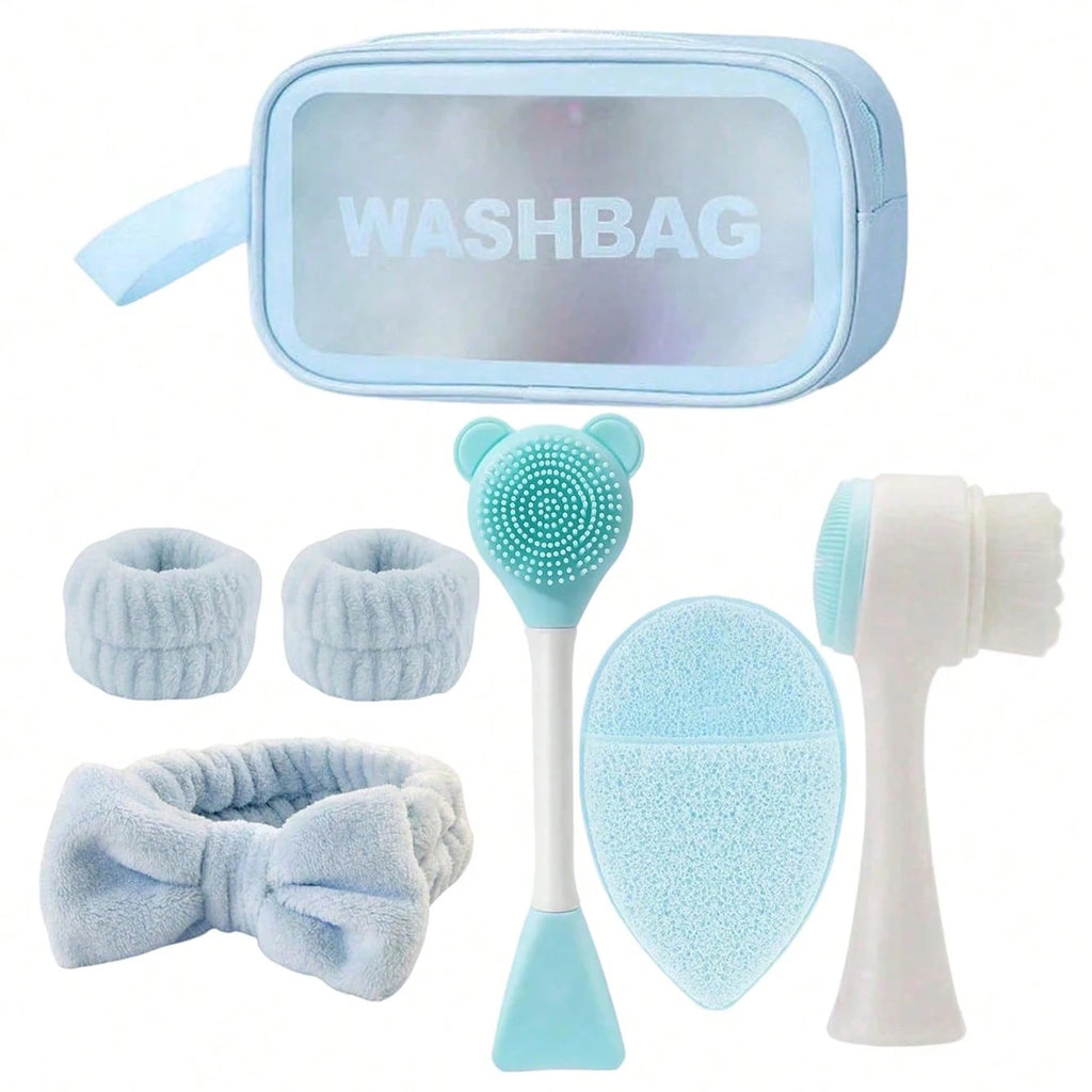 7-Piece Home Skincare Set – Facial Cleansing Brush, Mask Sponge, Hair Band & Storage Bag Beauty Kit