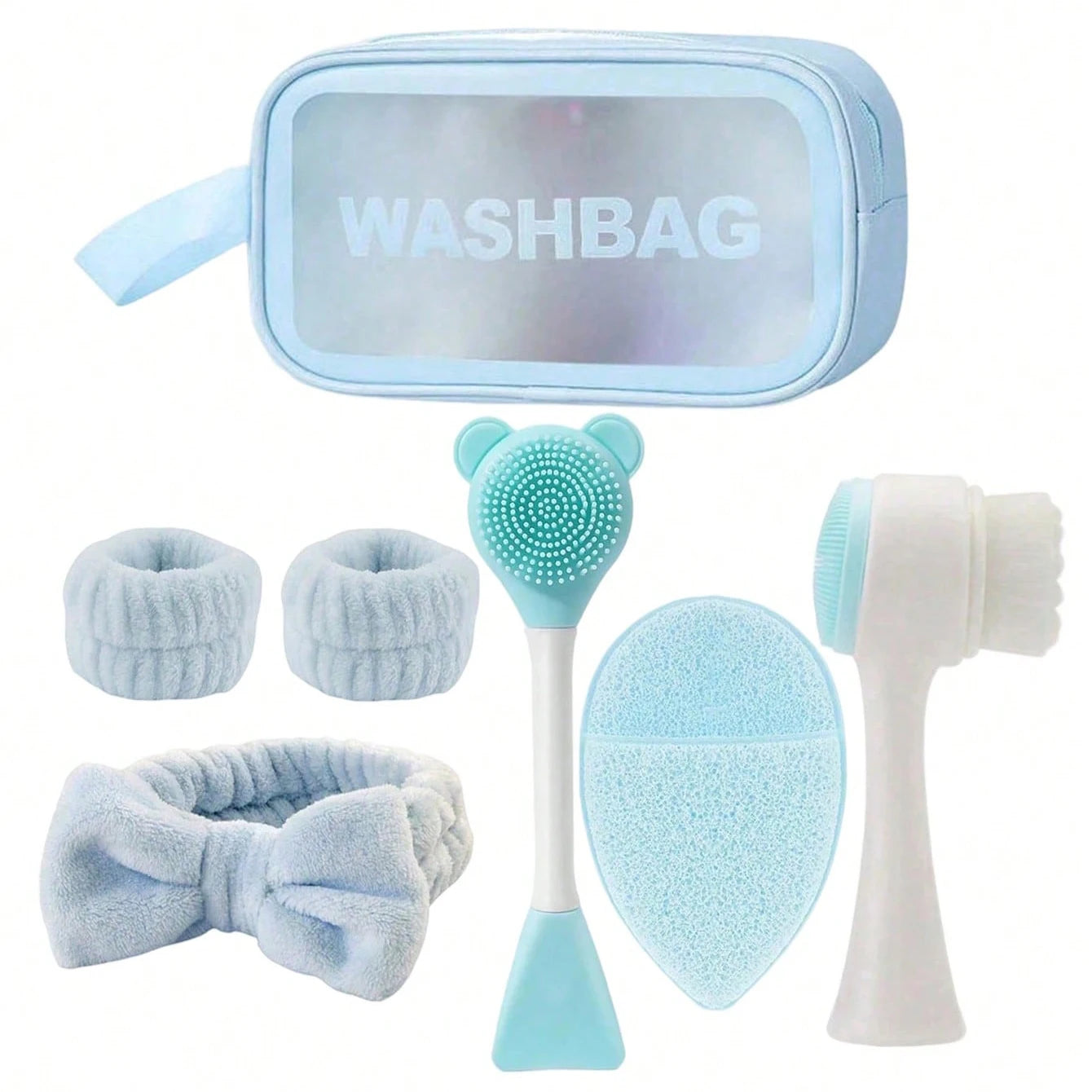 7-Piece Home Skincare Set – Facial Cleansing Brush, Mask Sponge, Hair Band & Storage Bag Beauty Kit