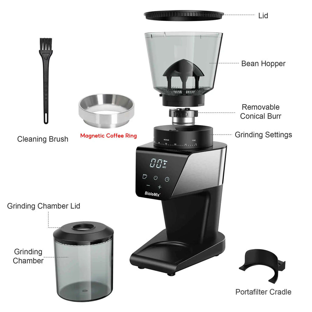 BioloMix Electric Coffee Grinder – 30 Grind Settings, Magnetic Ring, for Espresso, Drip & Pour Over