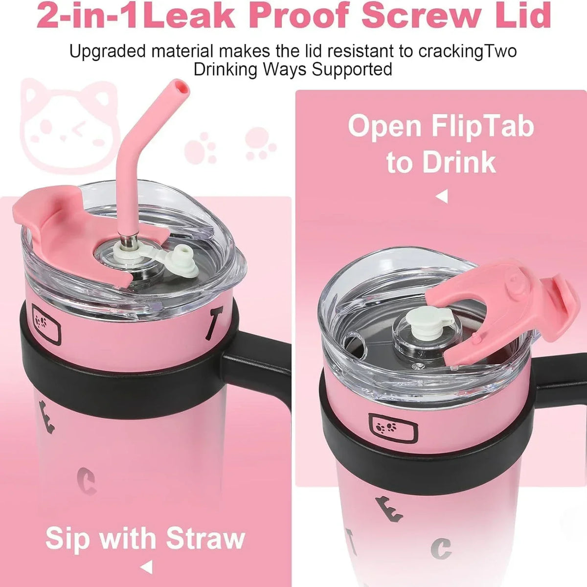 1200ml Stainless Steel Vacuum Insulated Tumbler with Straw – 6–12Hr Thermal, CIQ Certified, Outdoor & Travel, Pink & Black