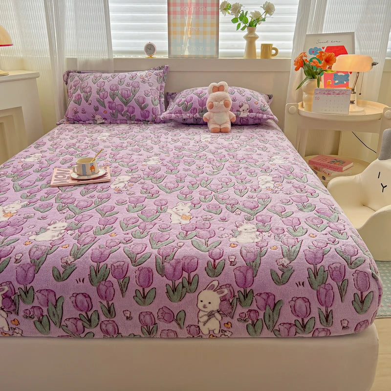 Flannel Fleece Fitted Bed Sheet – Warm Cartoon Purple, Elastic Single to King, Winter Bedsheet