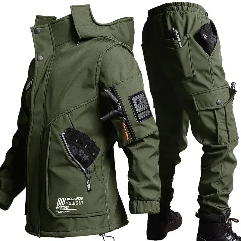 Men's Velvet Thickened Windproof Waterproof Outdoor Jacket & Pants Set – Warm Winter Work Suit