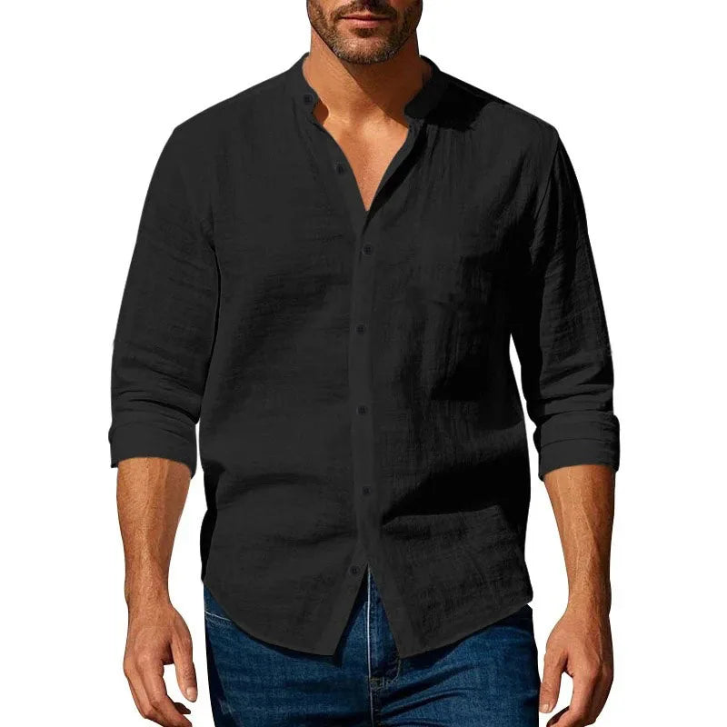 Men's Cotton Linen Henley Long Sleeve Shirt — Slim Fit Breathable Button-Up