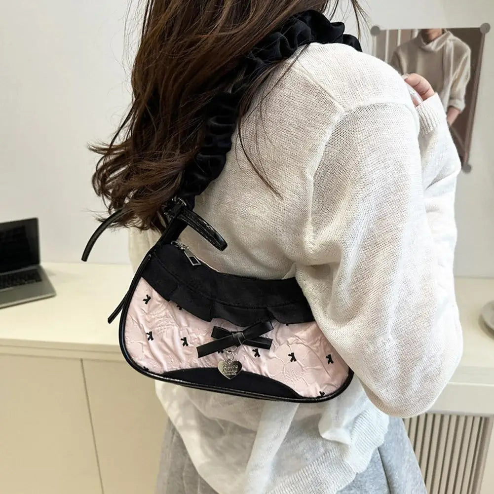 Y2K Checkered Lace Bowknot Shoulder Bag – Sweet Underarm Crossbody Bag for Women