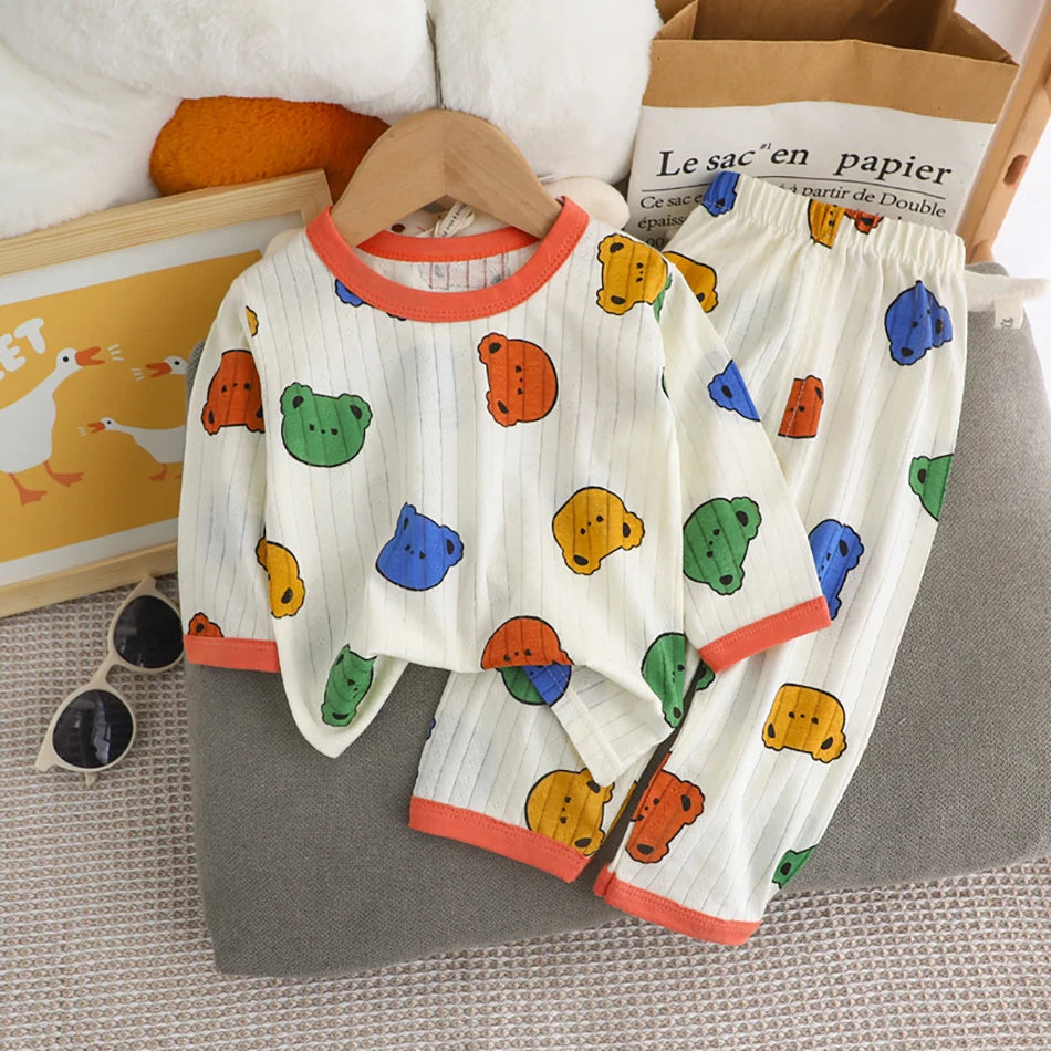 Kids' Cartoon Bear Long Sleeve Pajamas Set | Soft Breathable Sleepwear Boys & Girls