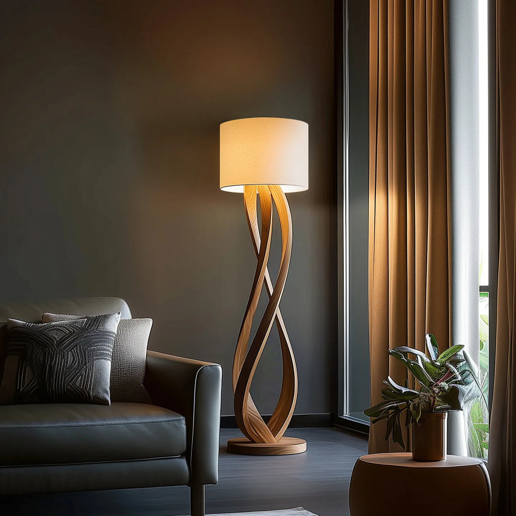 Wood Floor Lamp – Sculpted Base and Fabric Shade