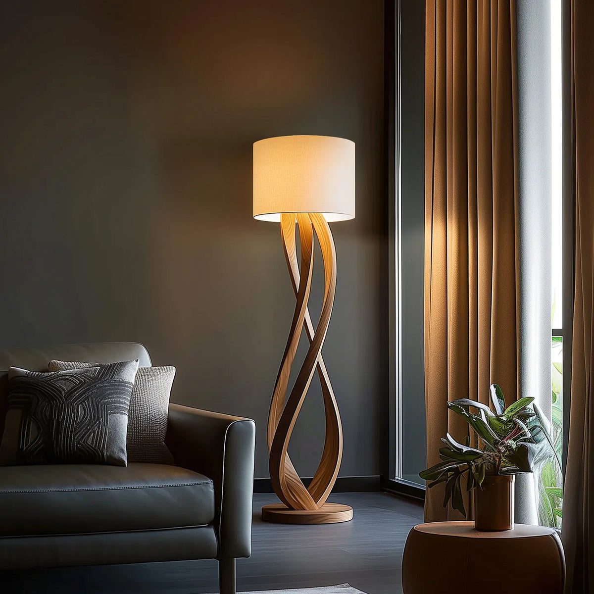 Wood Floor Lamp – Sculpted Base and Fabric Shade