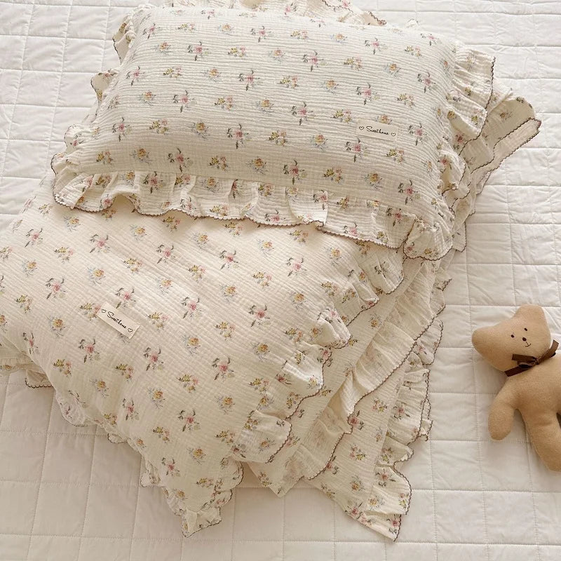 Princess Ruffle Bedding Set – 100% Cotton Gauze Duvet Cover with Pillowcases, Floral, 3-Piece